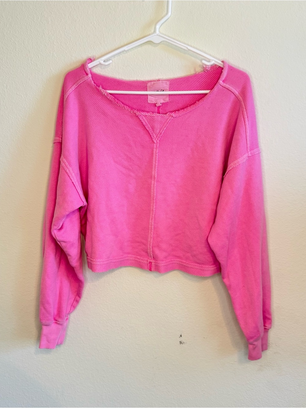 aerie Cropped Bright Pink Raw-Edge Pullover